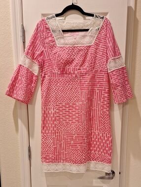 LILLY PULITZER - PATCH PRINT BAMBOO PINK COTTON TUNIC DRESS - SZ M